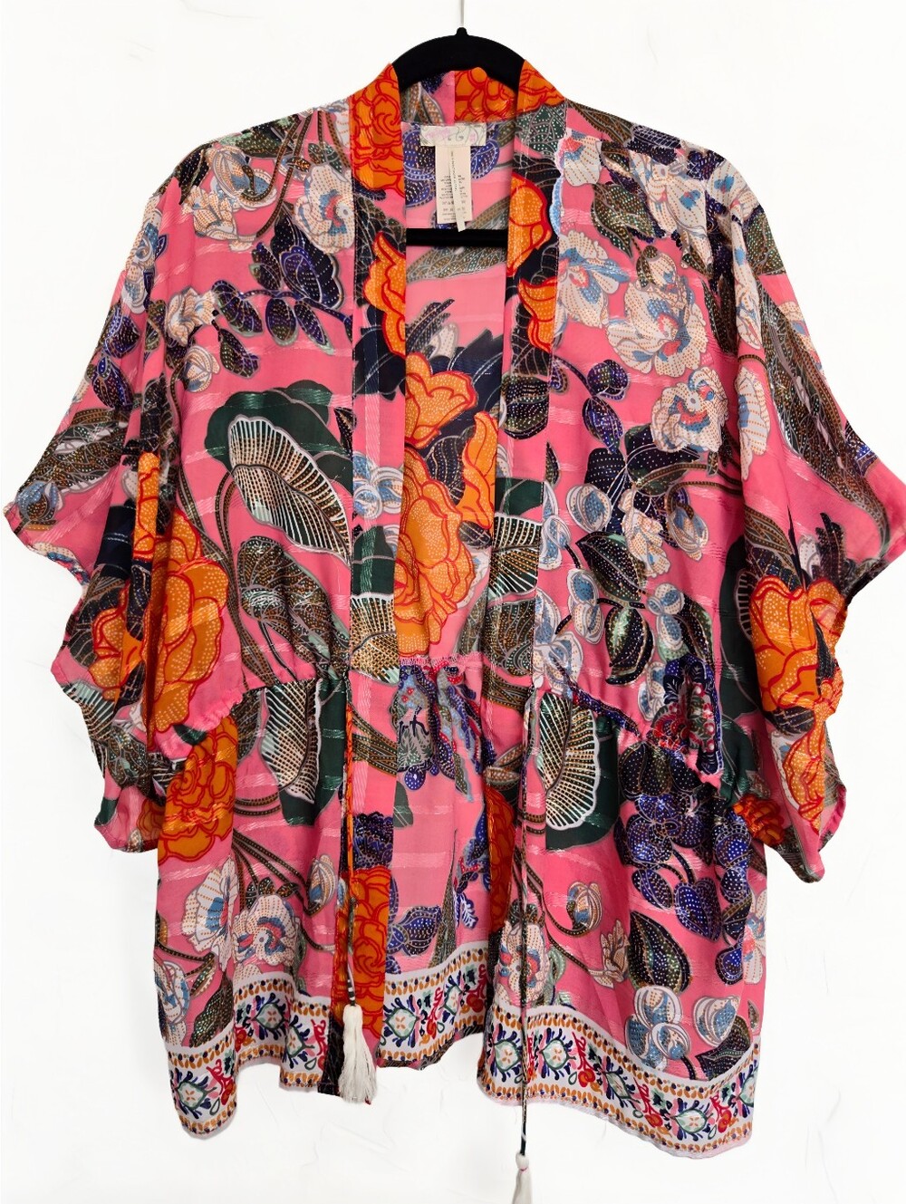 Free People Metallic Stripe Floral Drawstring Waist Pink Orange Kimono Top, OS - Picture 11 of 11